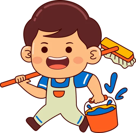 Cute boy holding water bucket and broom  Illustration
