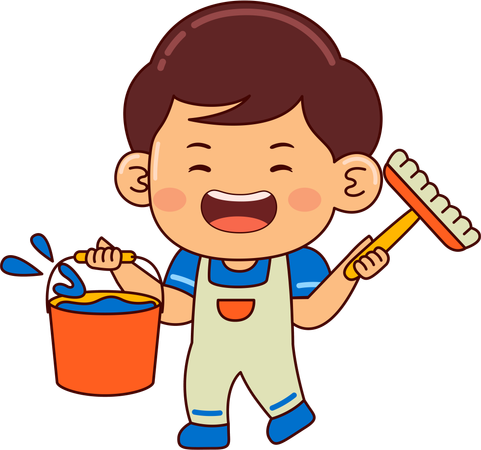 Cute boy holding water bucket and mop  Illustration