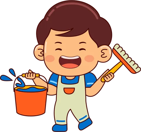 Cute boy holding water bucket and mop  Illustration