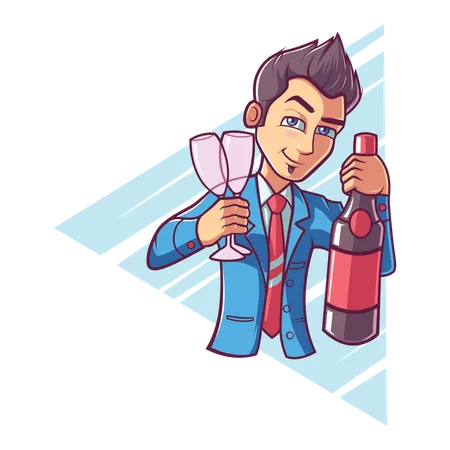 Cute boy holding wine bottle and glass Illustration