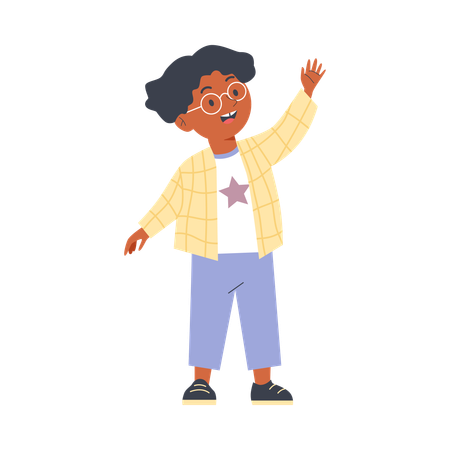 Cute boy in glasses greeting with hand waving gesture  Illustration