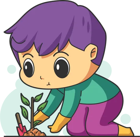 Cute boy planting a tree sapling Illustration