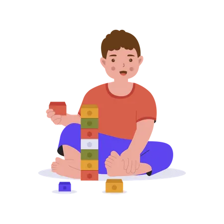 Cute boy playing building blocks game  Illustration
