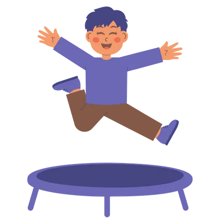 Cute Boy playing on trampoline  イラスト