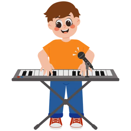 Cute boy playing piano and singing  イラスト