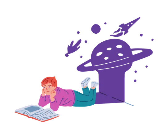 Cute boy reading book about space and planets  Illustration