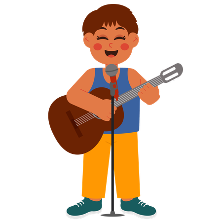 Cute boy singing and playing guitar  Illustration