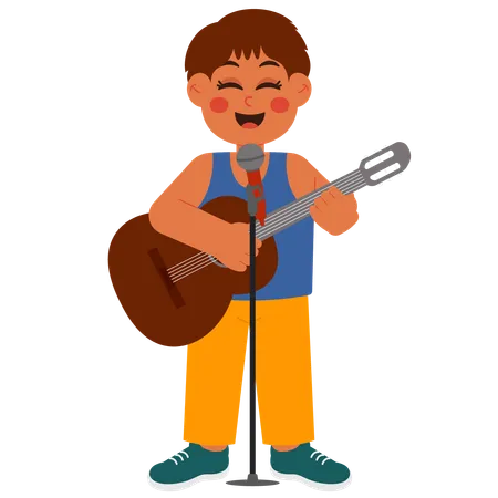 Cute boy singing and playing guitar  Illustration
