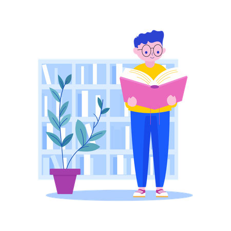 Cute Boy Standing Reading a Book in the Library with Smile Expression  Illustration