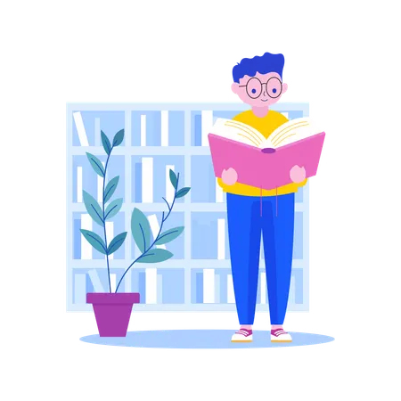 Cute Boy Standing Reading a Book in the Library with Smile Expression  Illustration