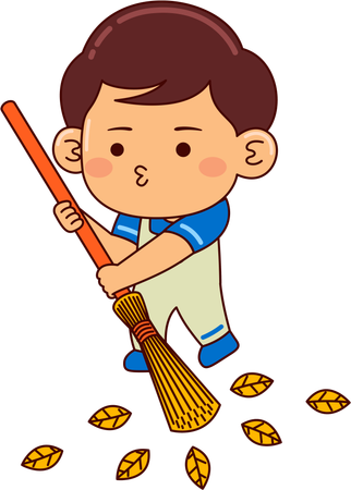 Cute boy sweeping using broom stick  일러스트레이션