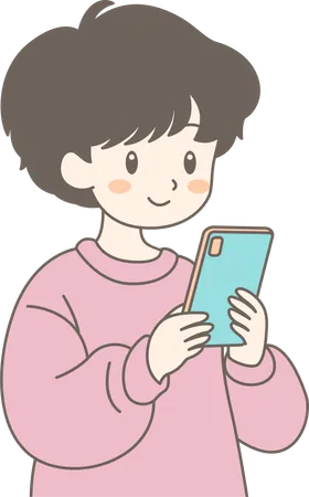 携帯電話を使うかわいい男の子  イラスト