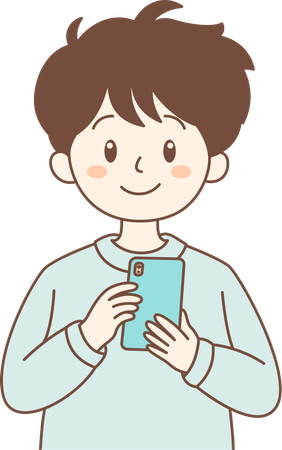 携帯電話で笑っているかわいい男の子  イラスト