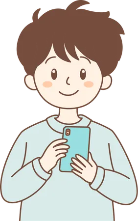 携帯電話で笑っているかわいい男の子  イラスト