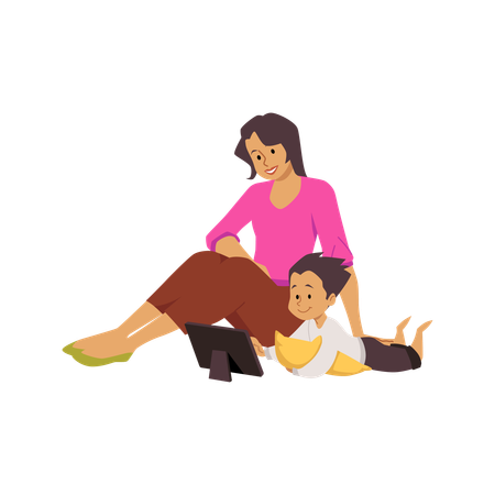 Cute boy with mother looking at tablet device  Illustration