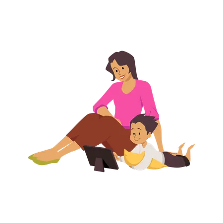 Cute boy with mother looking at tablet device  Illustration
