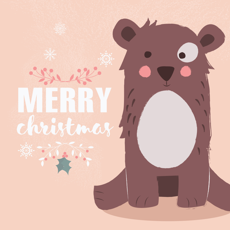 Cute brown bear on pink background and Merry Christmas lettering  Illustration