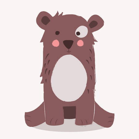 Cute brown bear sitting on the ground on beige background  Illustration