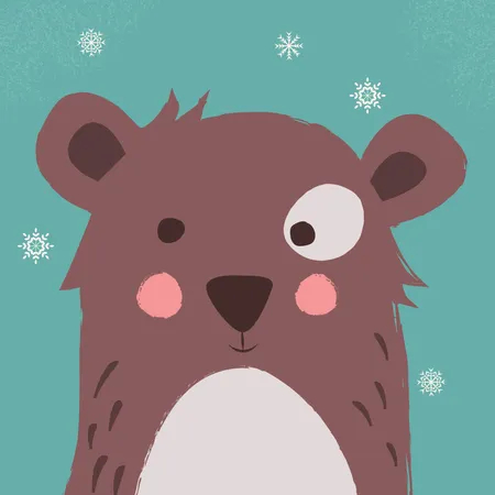 Cute brown bear with snowflakes on blue background Illustration