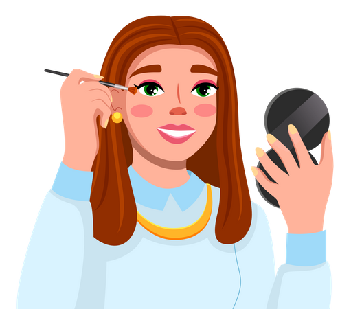 Cute brown-haired girl doing eye shadows and holding pocket mirror in hand  Illustration