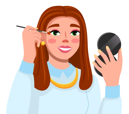 Cute Girl Using Eye Shadows Holding Brush And Looking In Pocket Mirror In Hand Beauty Blogger Brown Haired Pretty Woman Making Light Makeup For Herself Lady Wearing Earrings Necklace Accessories Illustration