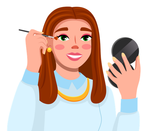 Cute brown-haired girl doing eye shadows and holding pocket mirror in hand  Illustration