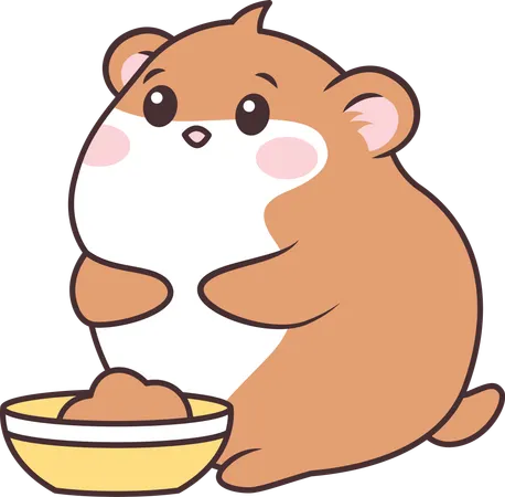Cute Brown Hamster Mouse with Potato Food in Bowl  Illustration