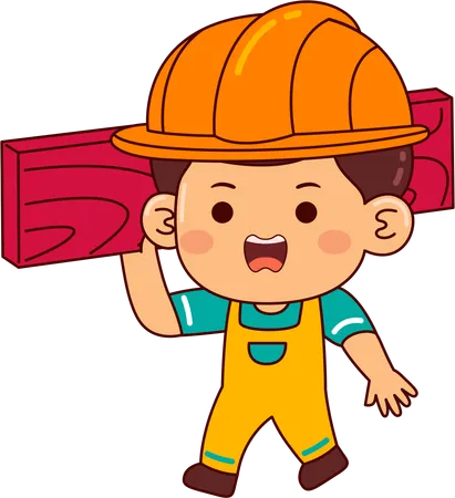 Cute builder boy carrying wooden  Illustration