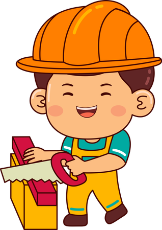 Cute builder boy cutting wood  Illustration