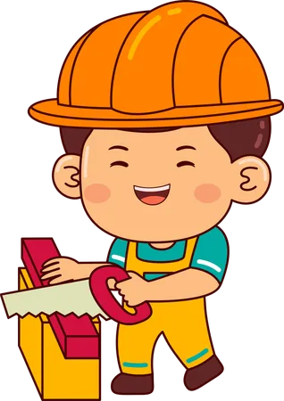 Cute builder boy cutting wood  Illustration