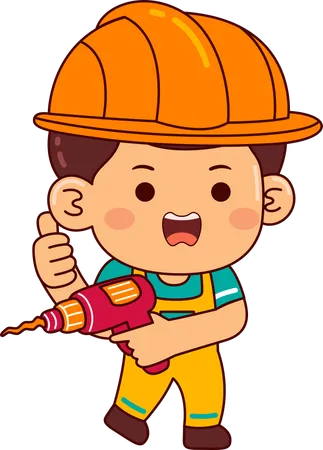 Cute builder boy holding drill machine  Illustration