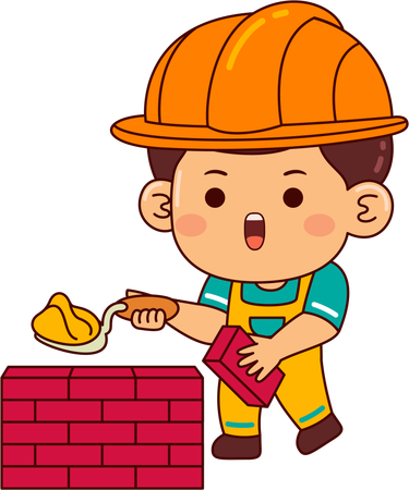 Cute builder boy making wall  Illustration