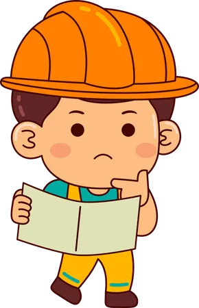 Cute builder boy with building plan  Illustration