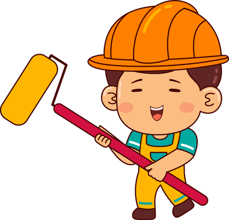 Cute builder boy with color roller  Illustration