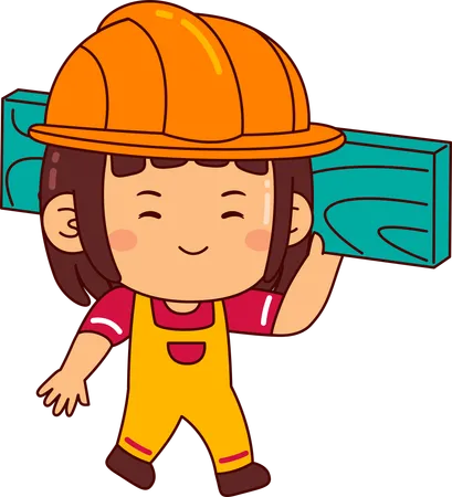 Cute builder girl carrying wooden  Illustration