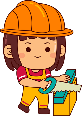 Cute builder girl cutting wood  Illustration