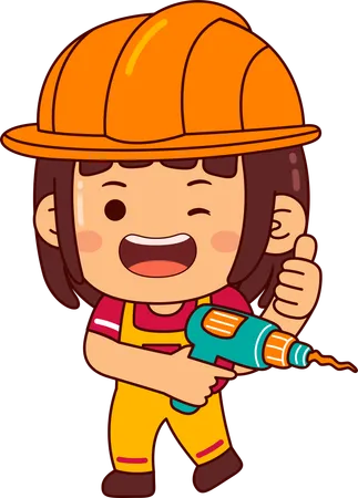 Cute builder girl holding drill machine  Illustration