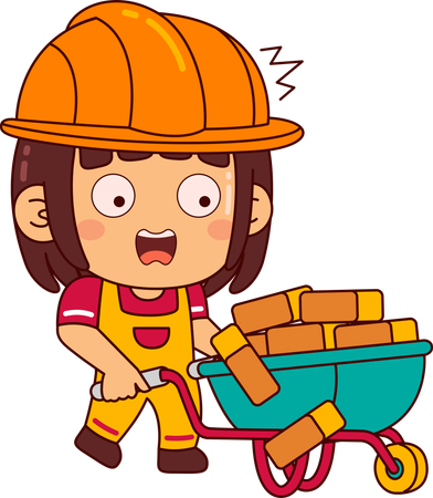 Cute builder girl pushing brick trolley  Illustration
