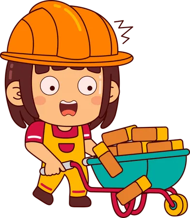 Cute builder girl pushing brick trolley  イラスト