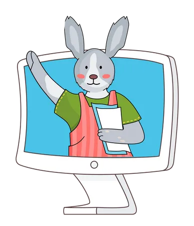 Grey Rabbit Wearing Overall With Documents Waving Gesturing His Paw Animal Bunny Have Video Conference With Video Call At Computer Monitor Display Cute Cartoon Character For Kid S Book Or Story Illustration