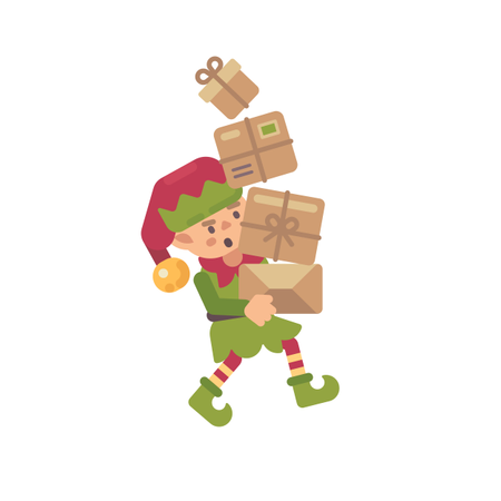 Cute Busy Christmas Elf Carrying Parcels With Presents For Kids Illustration