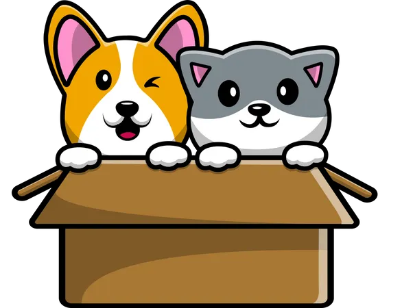Cute Cat And Corgi Dog Playing In Box  Illustration