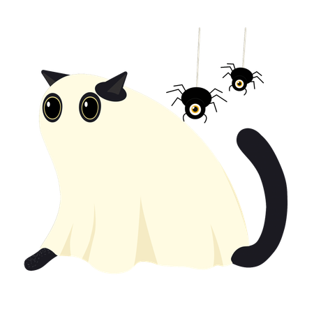 Cute Cat Dressed as Ghost with Spiders  Illustration