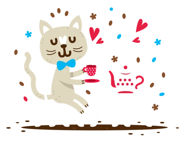 Cute cat drinking a tea  Illustration