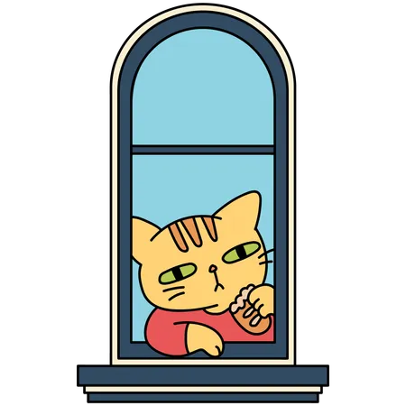 Window With Cat Eating Bread Cartoon Vector Illustration In Line Filled Design Illustration