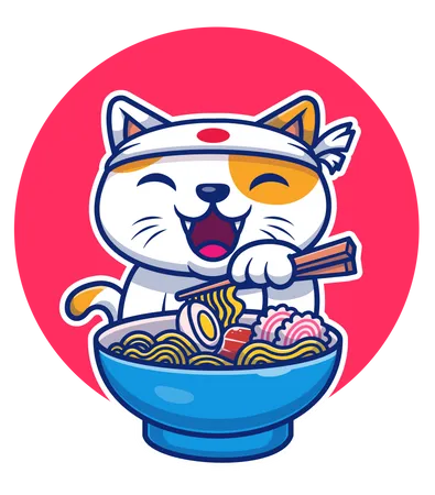Cute Cat Eating with Chopstick Illustration