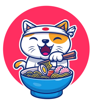 Cute Cat Eating with Chopstick  Illustration