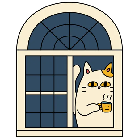 Window With Cat Holding Coffee Cartoon Vector Illustration In Line Filled Design Illustration