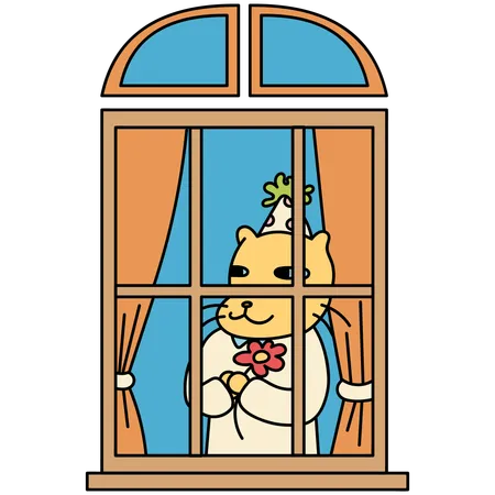 Window With Cat Holding Flower Cartoon Vector Illustration In Line Filled Design Illustration