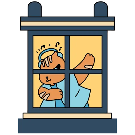 Window With Cat Listening Music Cartoon Vector Illustration In Line Filled Design Illustration